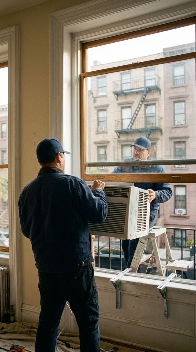 Two technicians installing a new window air conditioner in a Brooklyn brownstone window
