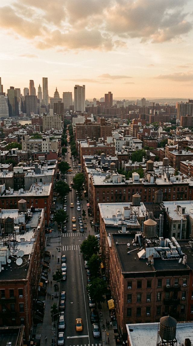 Aerial NYC cityscape covering multiple boroughs at golden hour.