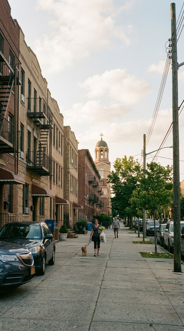 Residential Astoria street with brick apartments and window ACs.