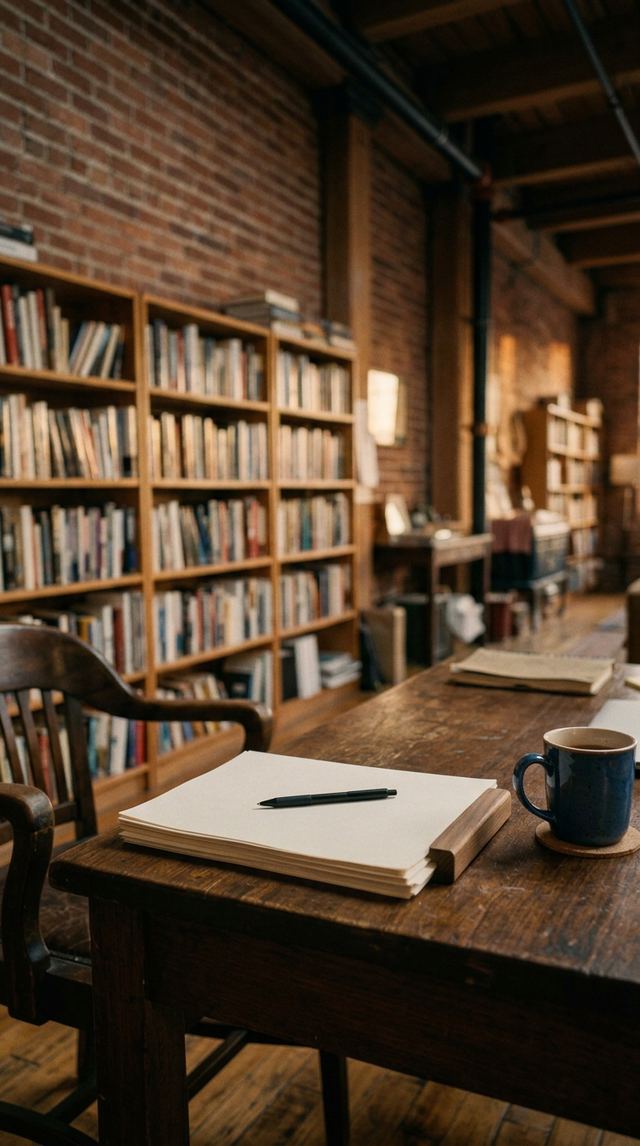 Empty editor's desk with blank stack of papers and warm loft office.