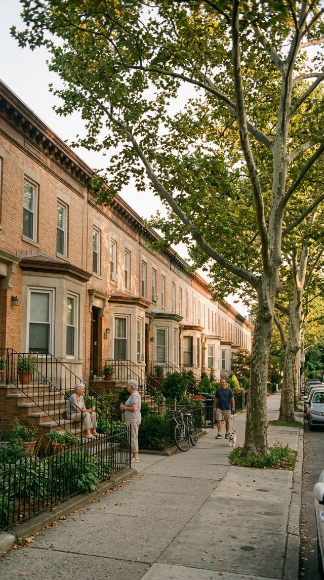 Bay Ridge Brooklyn row houses with front stoops and gardens.