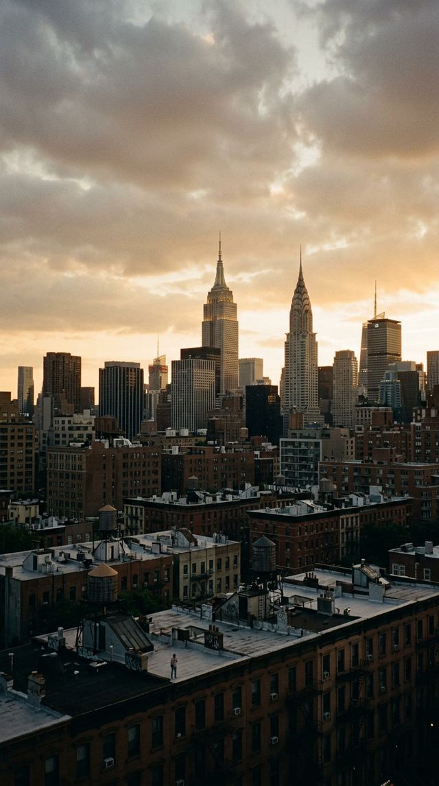 NYC skyline and brownstone rooftops at golden hour.