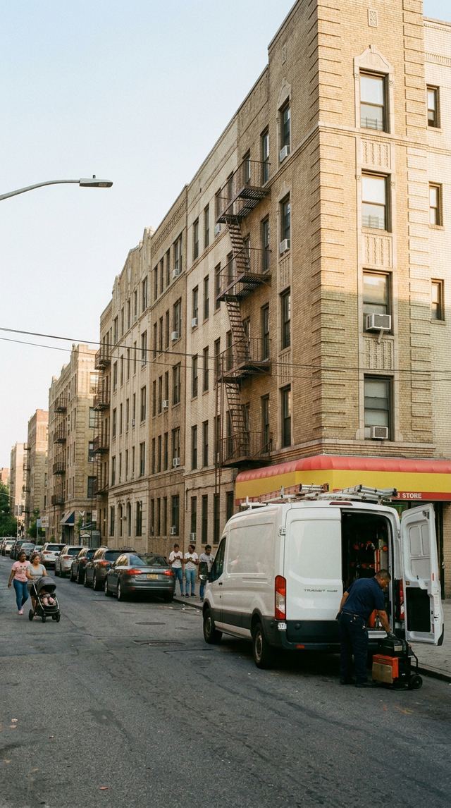 Bronx block of art-deco pre-war apartments with window ACs and fire escapes