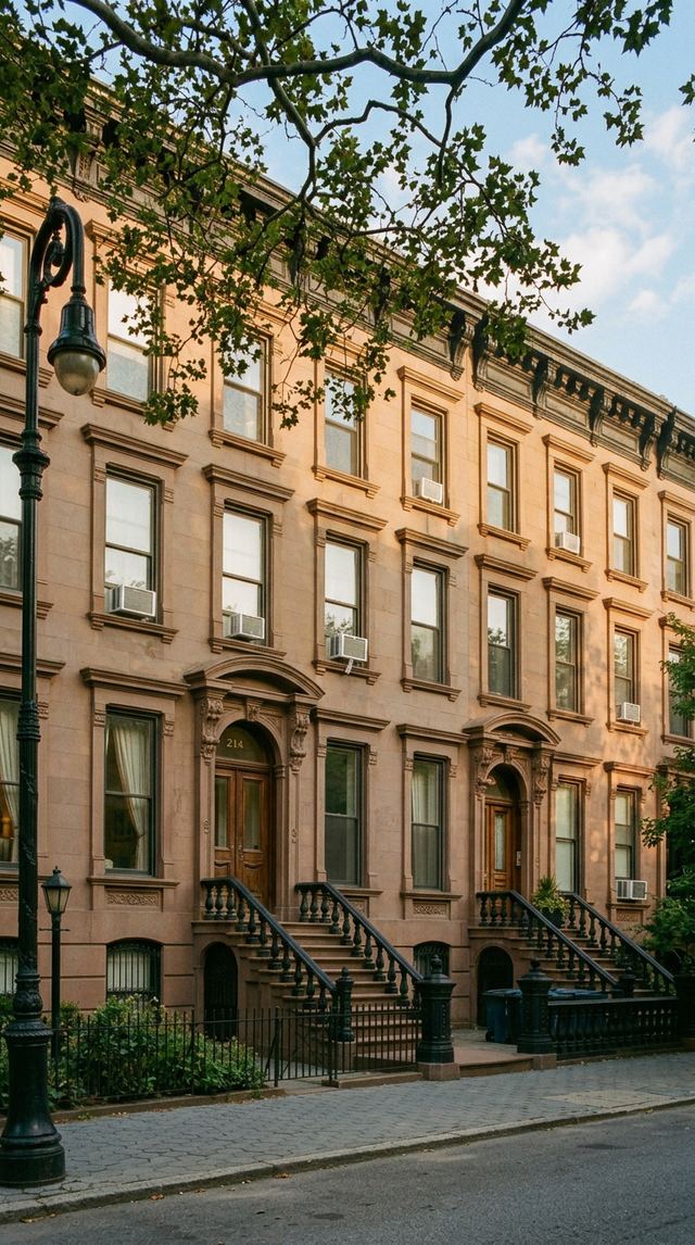 Brooklyn brownstone block with red brick facades and window ACs in mid-summer