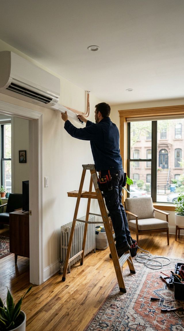 Technician installing a wall-mounted ductless mini-split indoor unit in a Brooklyn apartment