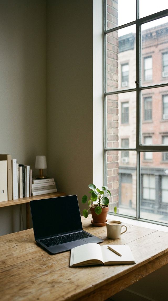 Quiet newsroom-style desk with a laptop, notebook and a view of NYC brick facades outside