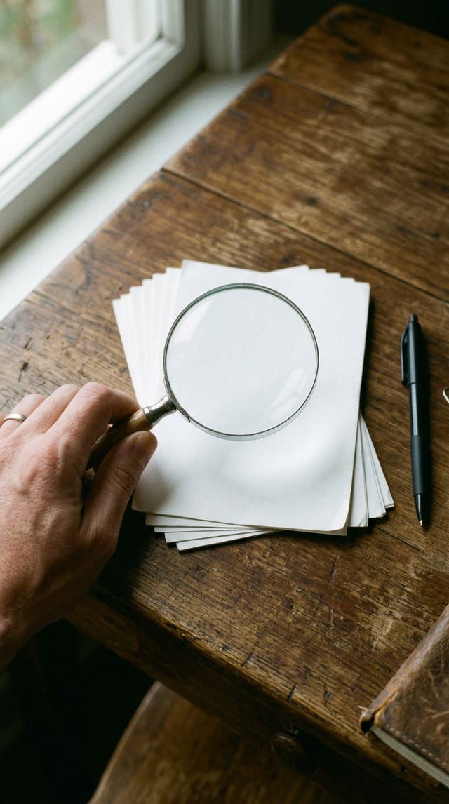 Hand holding a magnifying glass over a stack of blank papers.