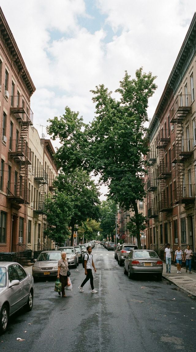 Flatbush residential street with tree-lined apartment buildings.