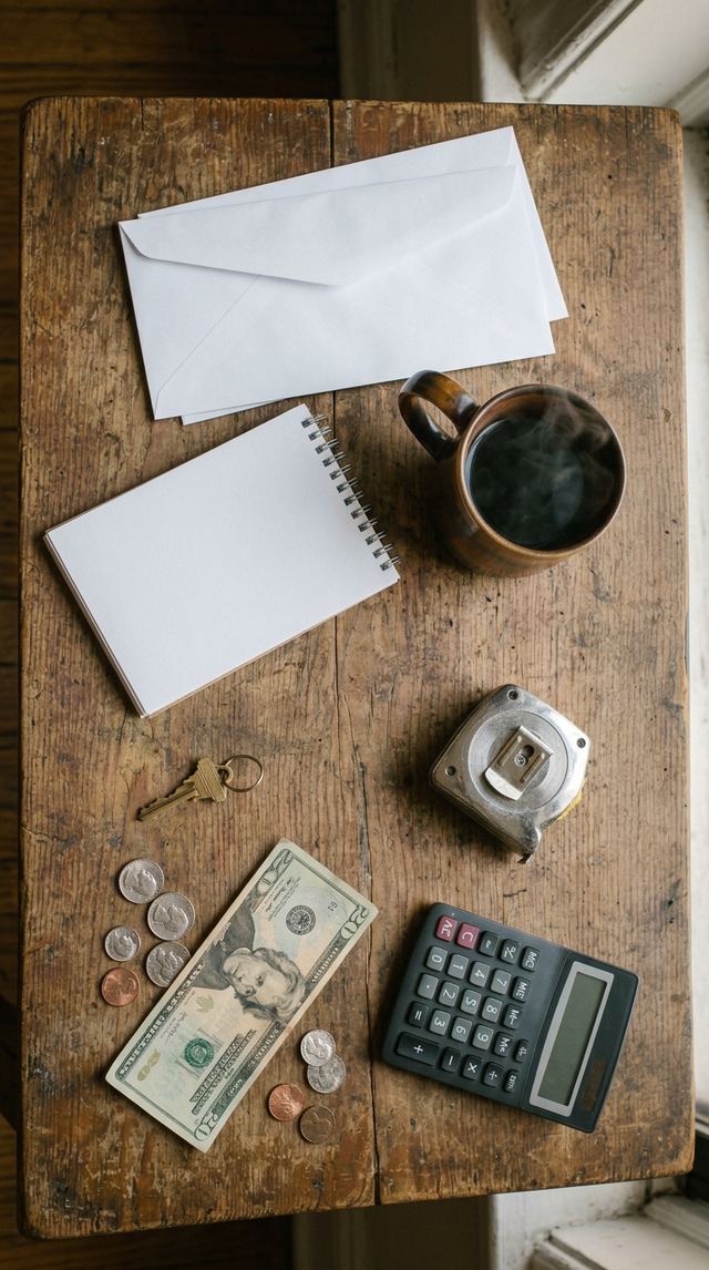 Overhead flatlay of receipts and a calculator on a wooden table.