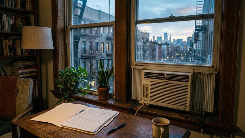 A window air conditioner secured to a Brooklyn apartment sill with a metal bracket at dusk.