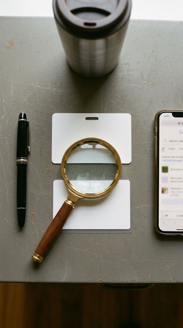 A magnifying glass over a licence document on a wooden desk.