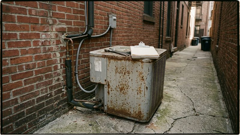 An aging residential central AC condenser in a Brooklyn brownstone alley.
