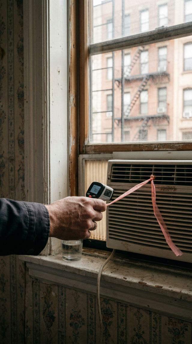 A technician diagnosing an AC unit in a residential home.