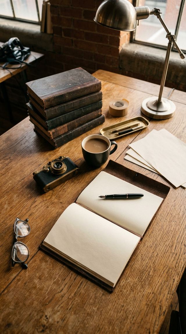 Editorial workspace with open notebook and camera.