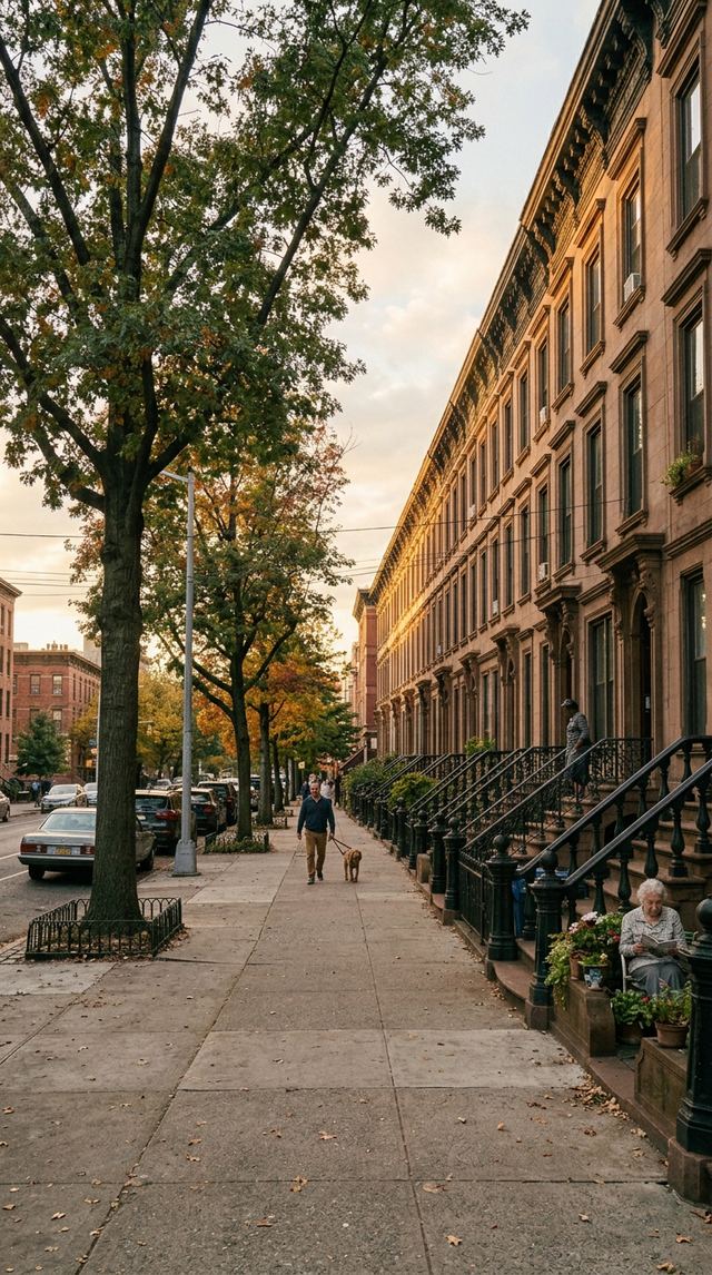 Harlem brownstone-lined street at golden hour.