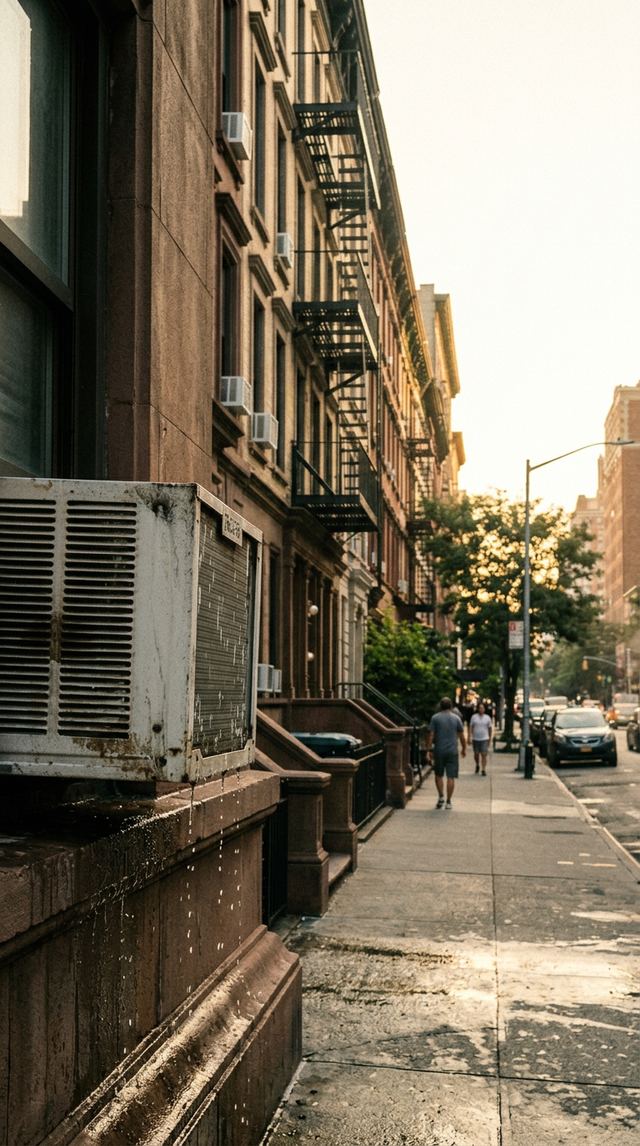 Manhattan avenue on a hot summer afternoon with window air-conditioning units in brownstones