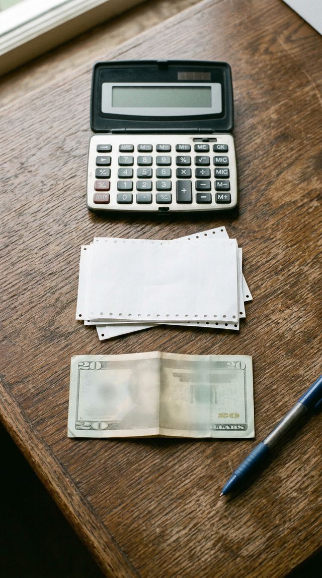 Overhead flatlay of a calculator, receipts, pen and a folded twenty-dollar bill on a wooden desk