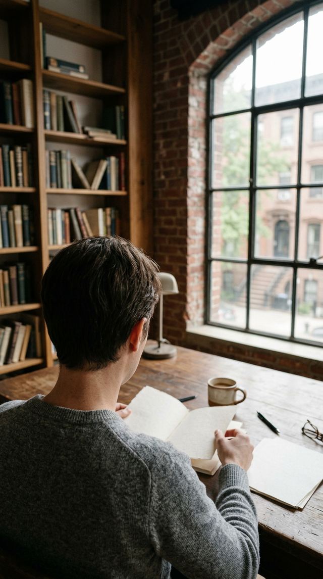 An editor at a wooden desk in a warm loft office reviewing documents, seen from behind