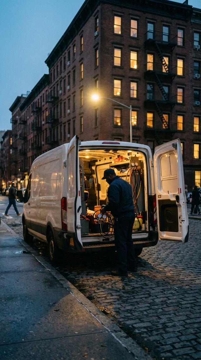 Silhouette of an HVAC technician unloading tools from a service van on a NYC street at blue hour