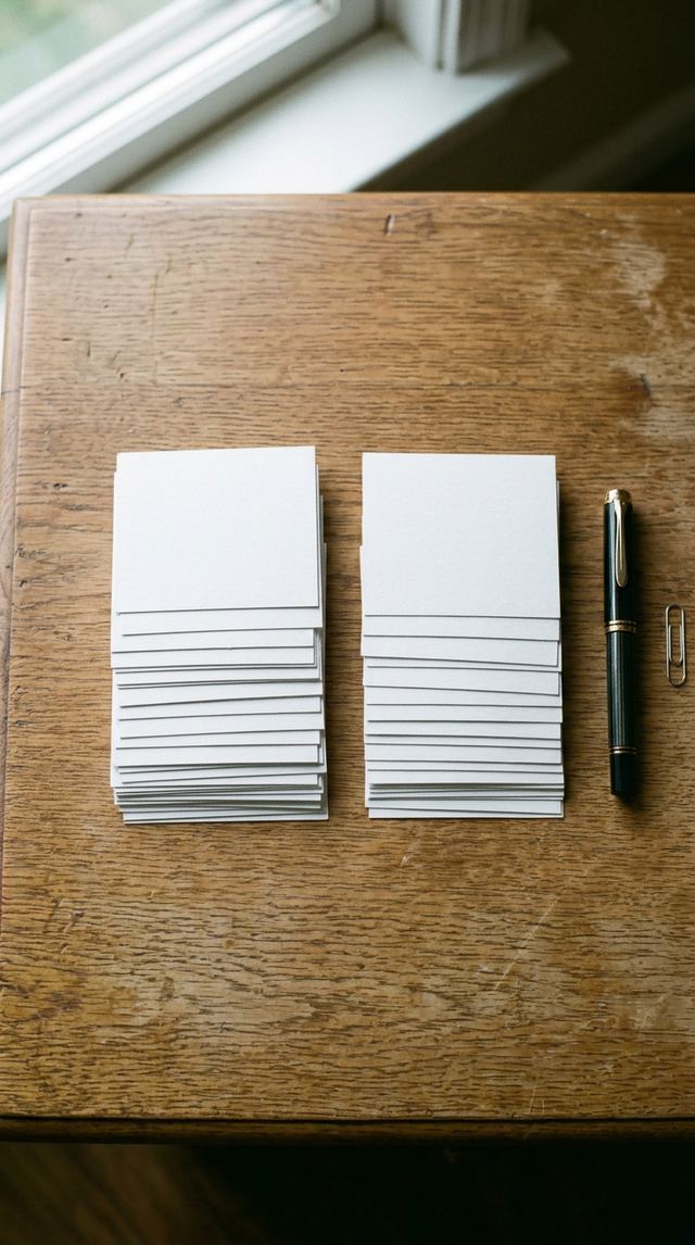 Overhead flatlay of two neat stacks of blank white index cards on a wooden desk