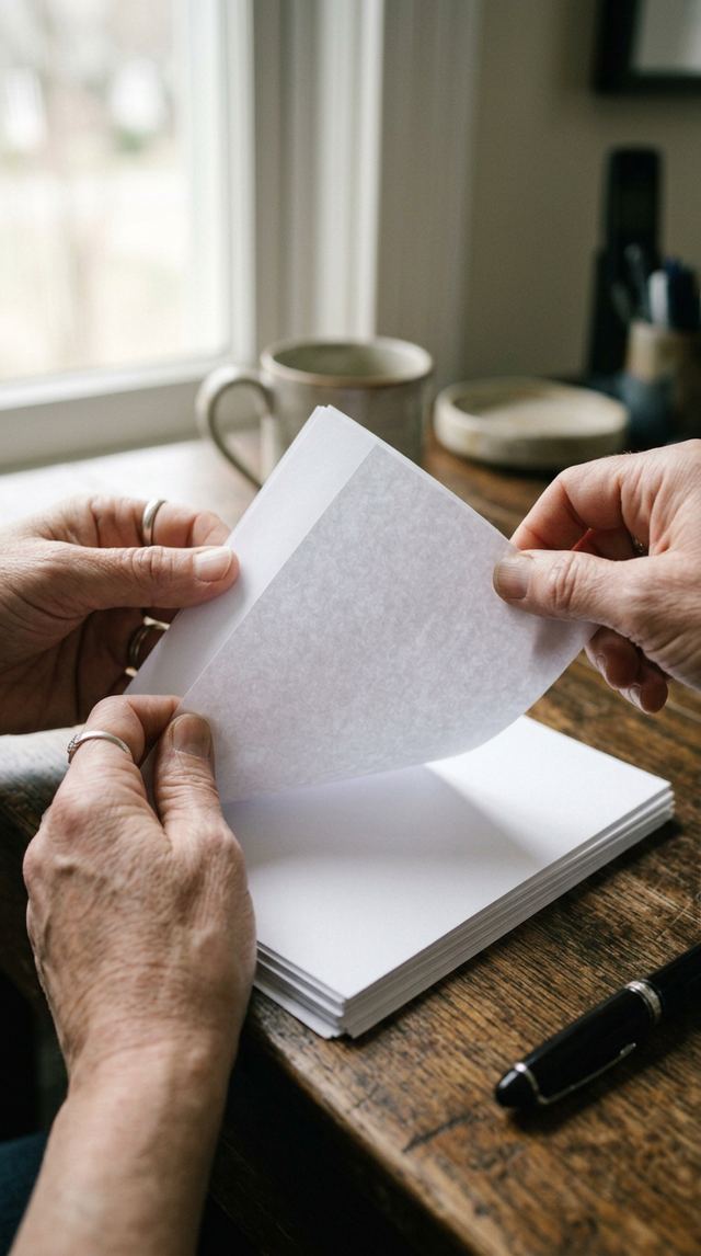 Close-up of hands leafing through a stack of blank paper documents on a wooden desk