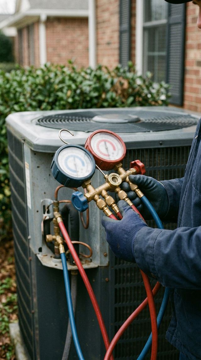 Close-up of a technician’s hands operating refrigerant manifold gauges attached to an outdoor AC unit