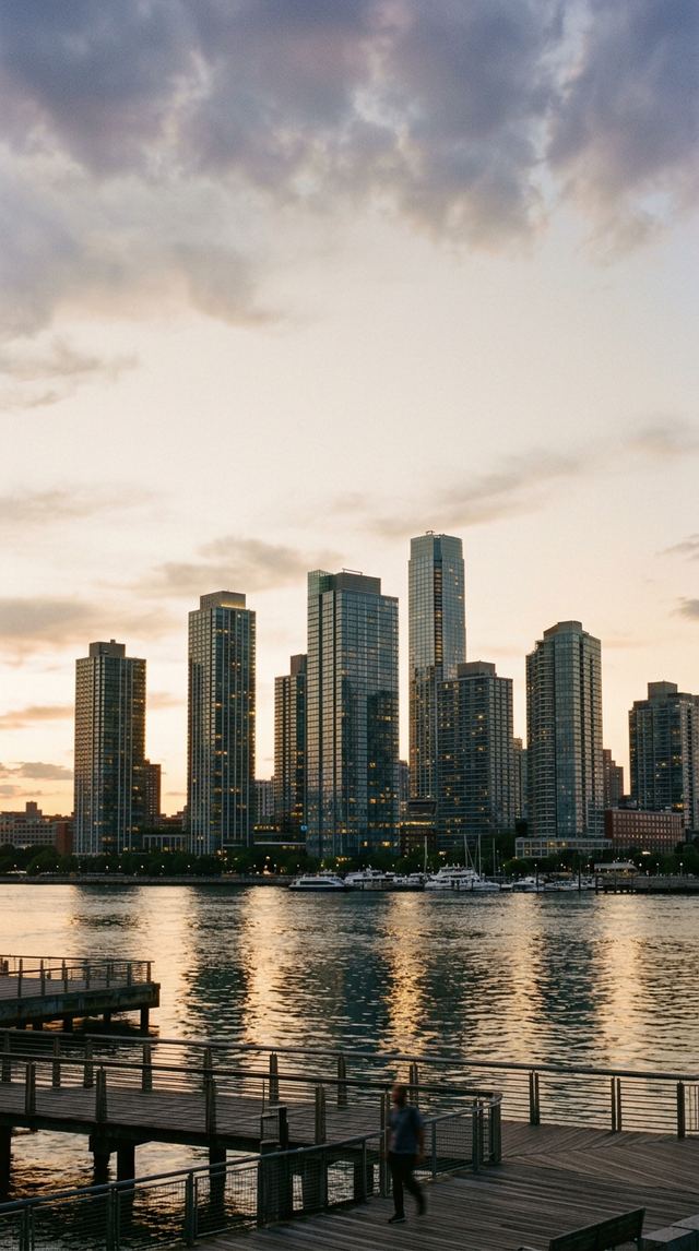 Long Island City waterfront with mid-rise residential and Manhattan skyline.