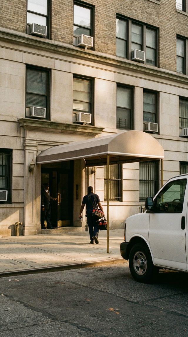 Upper East Side block with window ACs and an HVAC service van at the curb