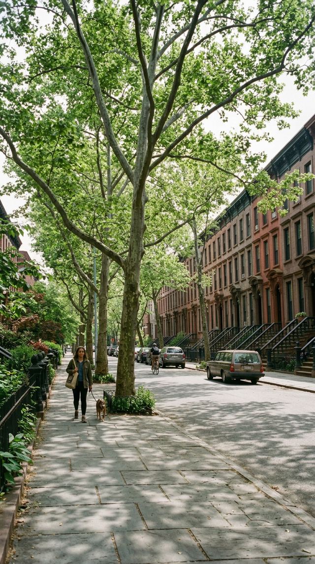 Park Slope brownstones and tree-lined street.