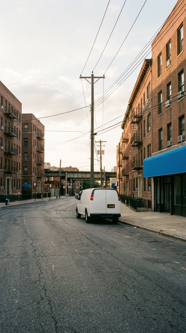 Queens residential street with mid-rise brick apartments and the elevated 7-train in the distance