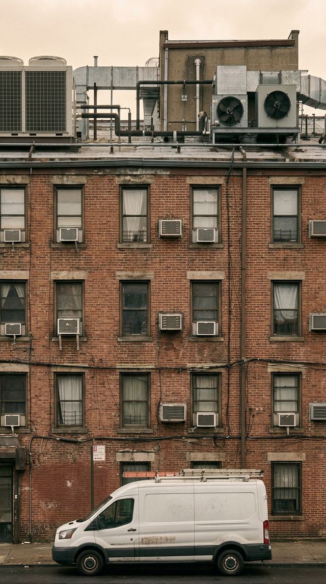 NYC brick apartment facade with window ACs, PTAC units and rooftop HVAC.