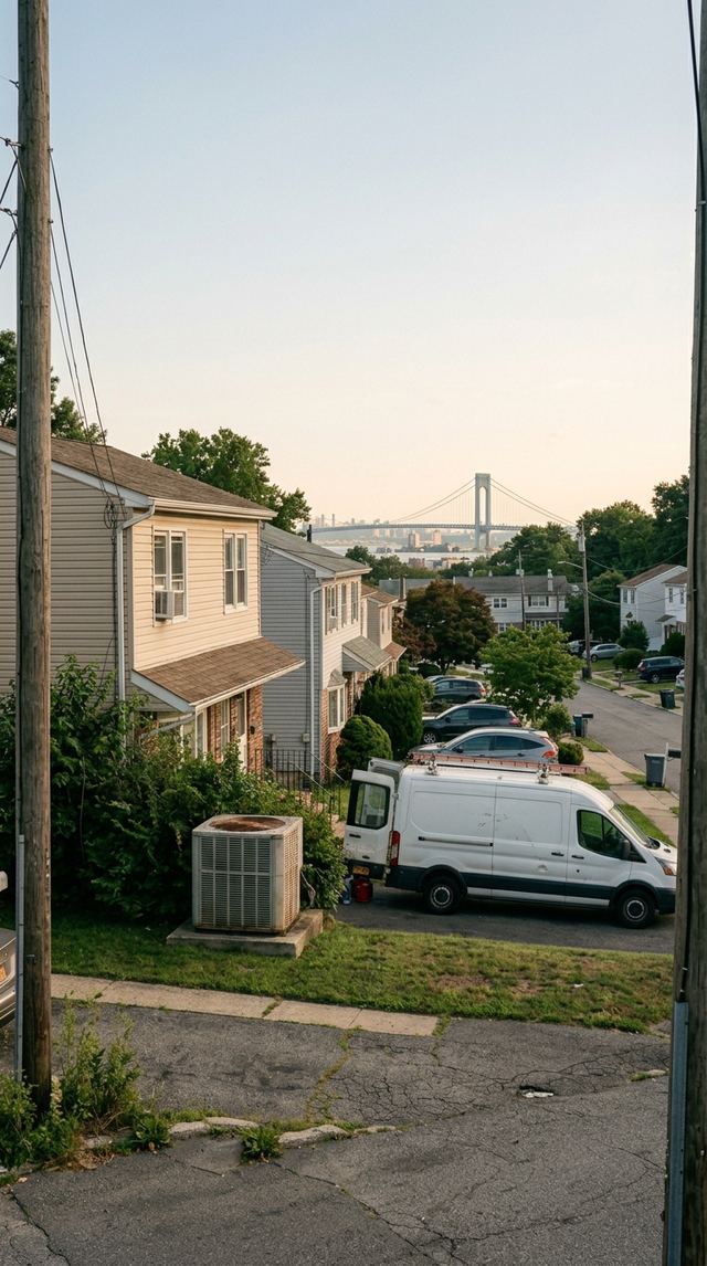 Staten Island residential street with a split-system condenser and an HVAC service van