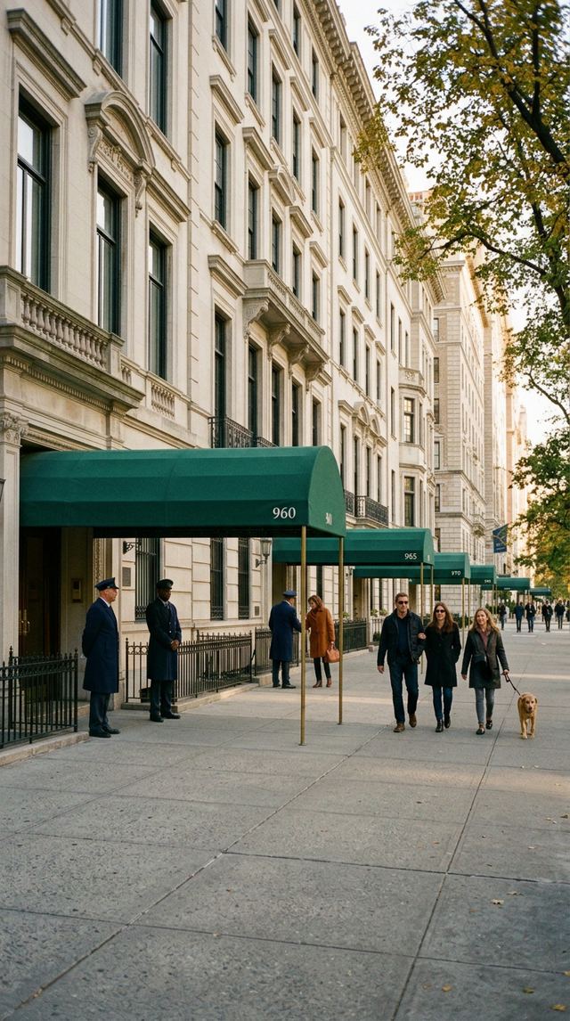 Upper East Side prewar apartment buildings on a quiet cross street.