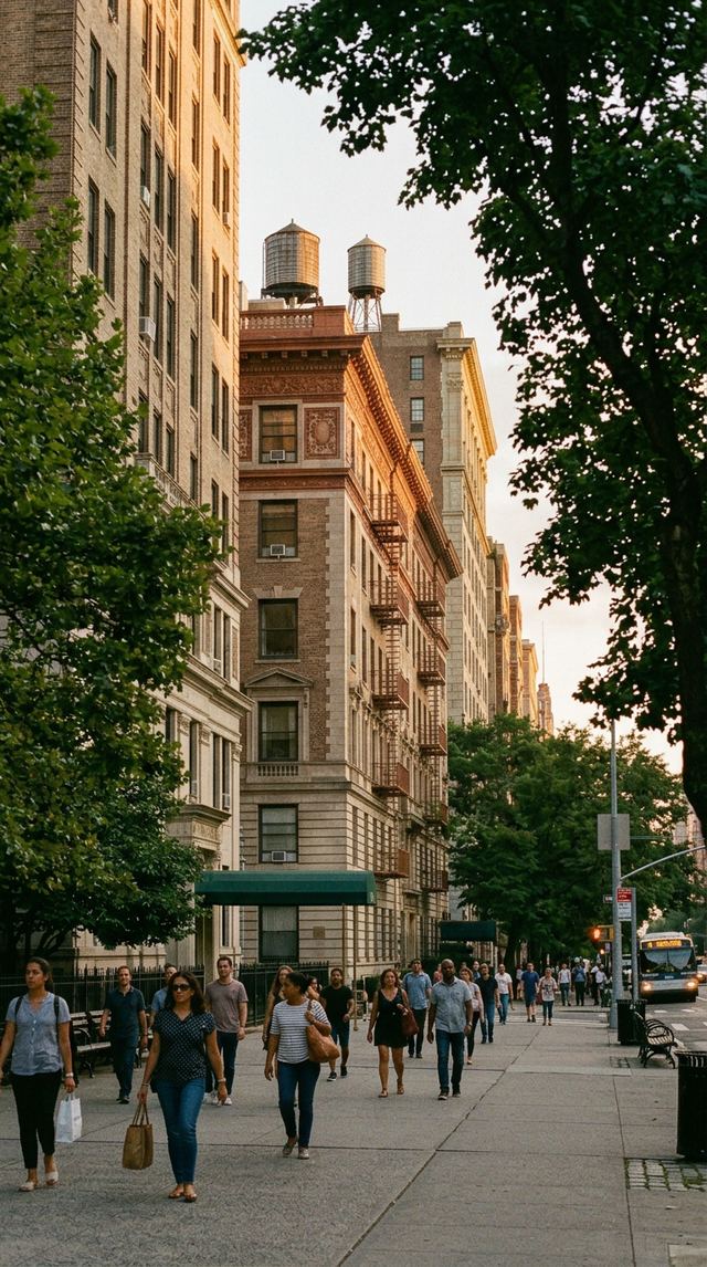Upper West Side tree-lined side street with prewar limestone buildings.