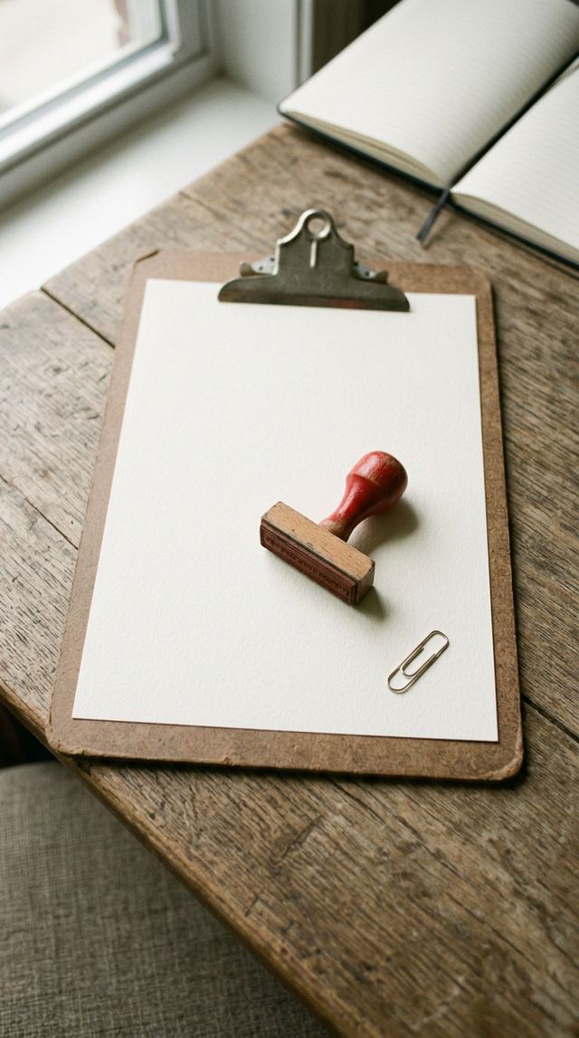 Wooden clipboard with a blank paper, a red rubber stamp and a paperclip.