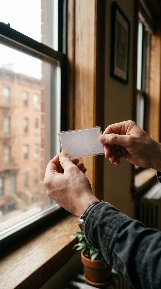 Hands holding a blank laminated ID card up to the daylight next to a NYC window